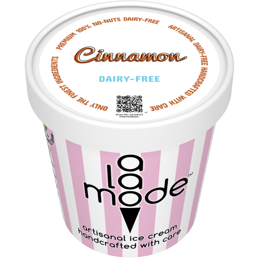 Image of an A La Mode dairy-free pint with vertical stripes. The flavor is Cinnamon.