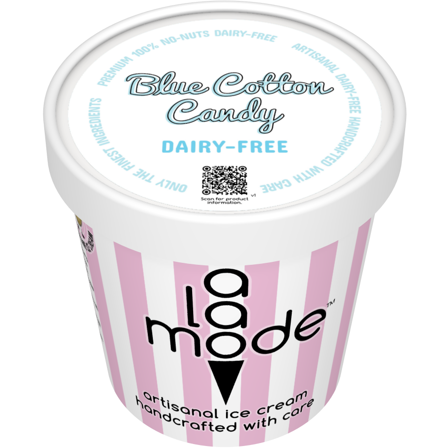 Image of an A La Mode dairy-free pint with vertical stripes. The flavor is Blue Cotton Candy.