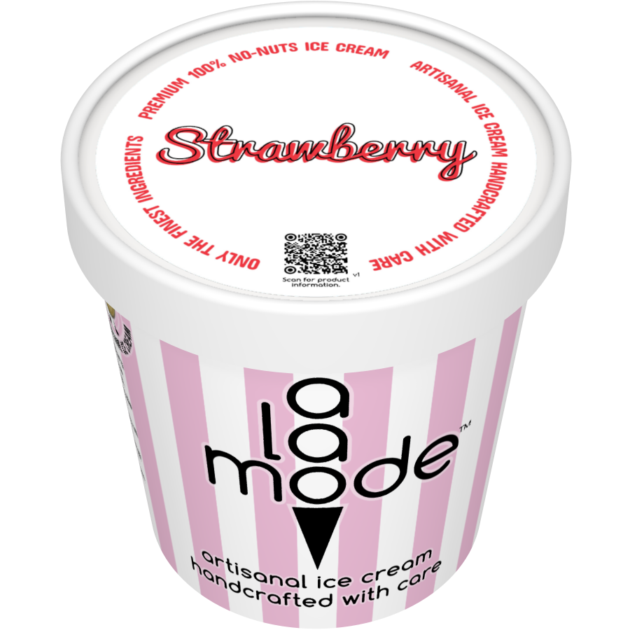 Image of an A La Mode ice cream pint with vertical stripes. The flavor is Strawberry.