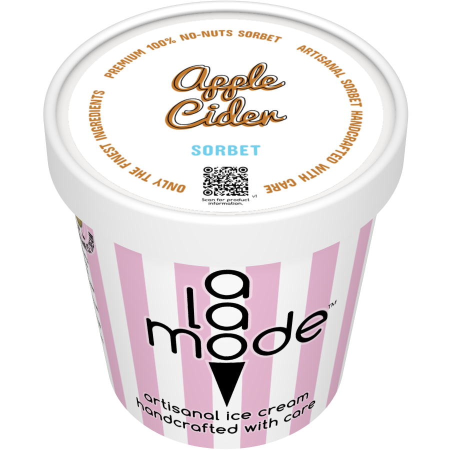 Image of an A La Mode sorbet pint with vertical stripes. The flavor is Apple Cider.