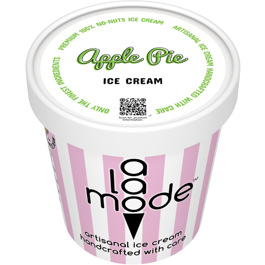 Image of an A La Mode ice cream pint with vertical stripes. The flavor is Apple Pie.