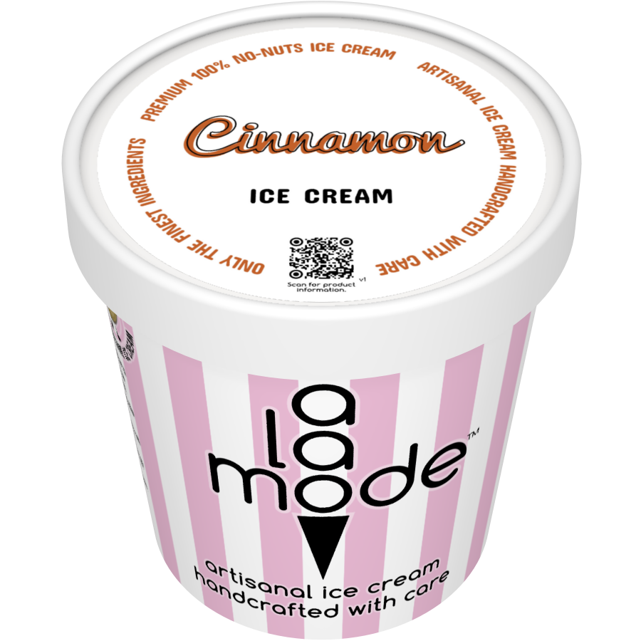 Image of an A La Mode ice cream pint with vertical stripes. The flavor is Cinnamon.
