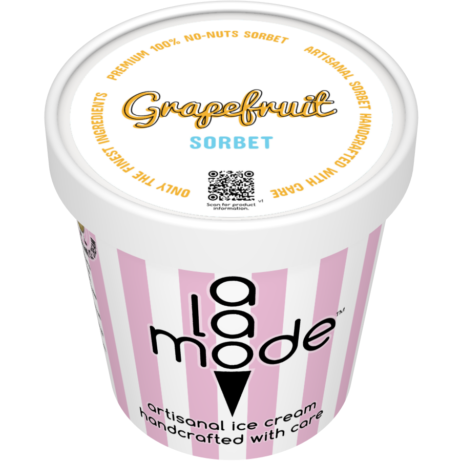 Image of an A La Mode sorbet pint with vertical stripes. The flavor is Grapefruit.