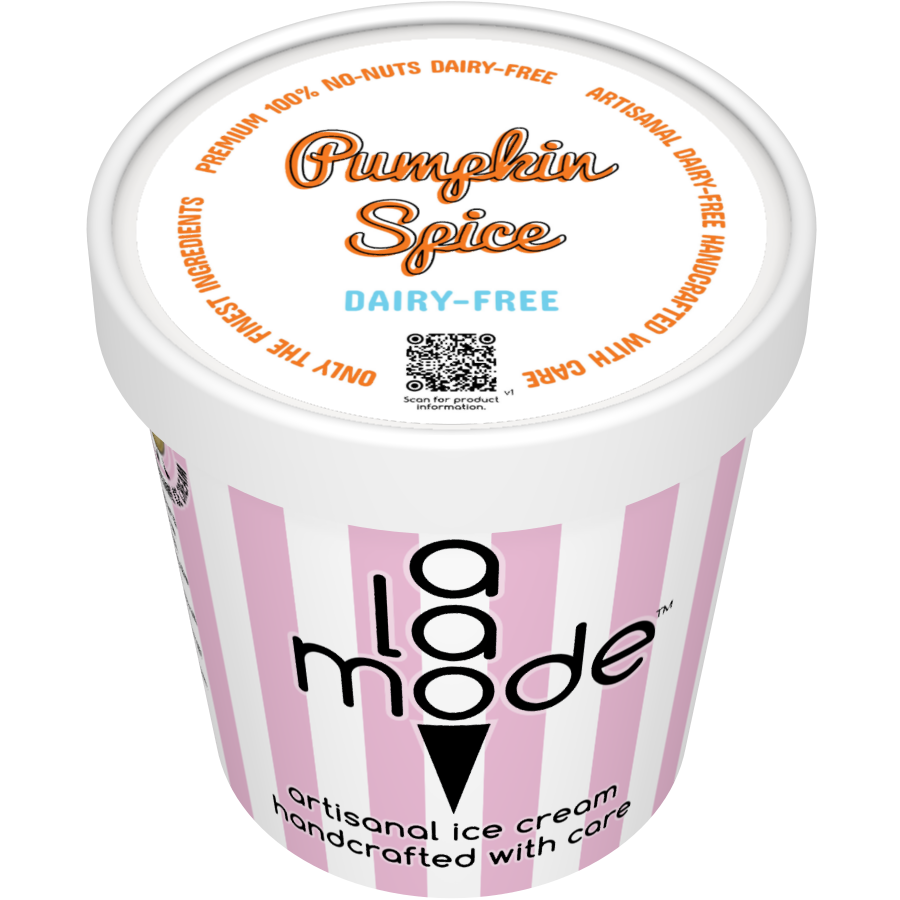 Image of an A La Mode dairy-free pint with vertical stripes. The flavor is Pumpkin Spice Dairy-free.