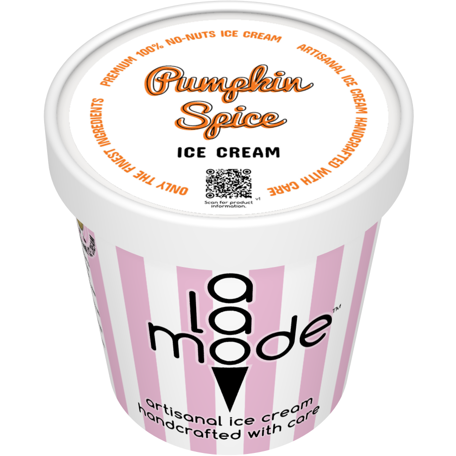 Image of an A La Mode ice cream pint with vertical stripes. The flavor is Pumpkin Spice.