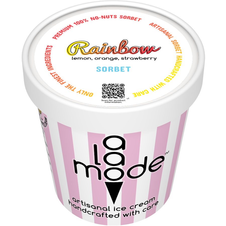 Image of an A La Mode sorbet pint with vertical stripes. The flavor is Rainbow. (Lemon, Orange, Strawberry)