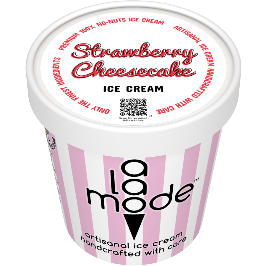 Image of an A La Mode ice cream pint with vertical stripes. The flavor is Strawberry Cheesecake.
