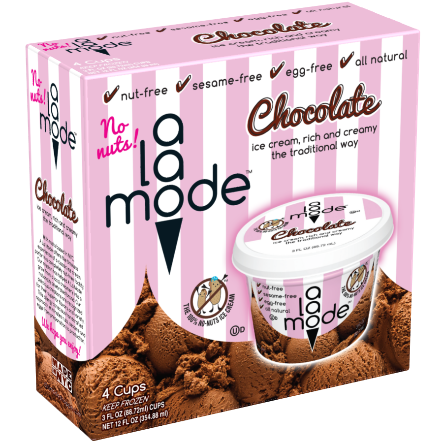 Image of an A La Mode ice cream 3oz cups 4pk box with vertical stripes. The flavor is Chocolate.