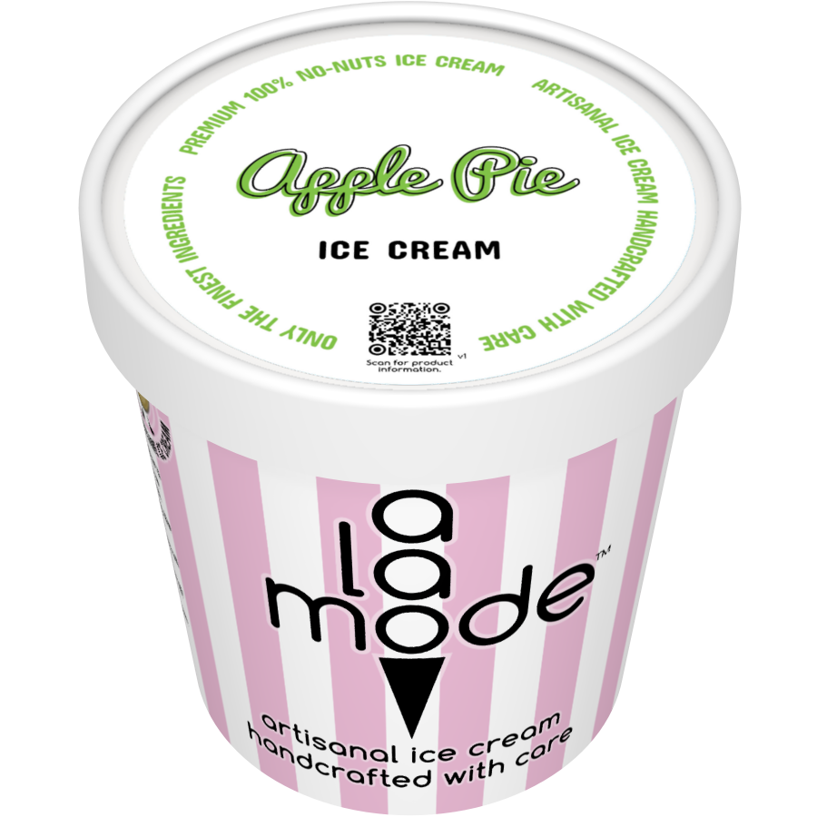 Image of an A La Mode ice cream pint with vertical stripes. The flavor is Apple Pie.