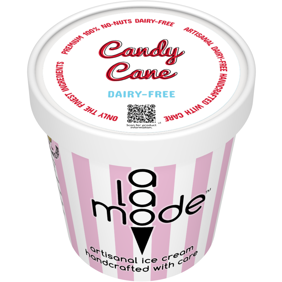 Image of an A La Mode dairy-free pint with vertical stripes. The flavor is Candy Cane.