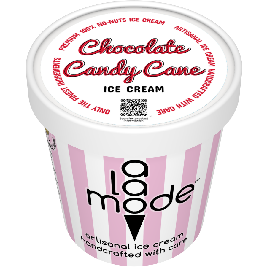 Image of an A La Mode ice cream pint with vertical stripes. The flavor is Chocolate Candy Cane.