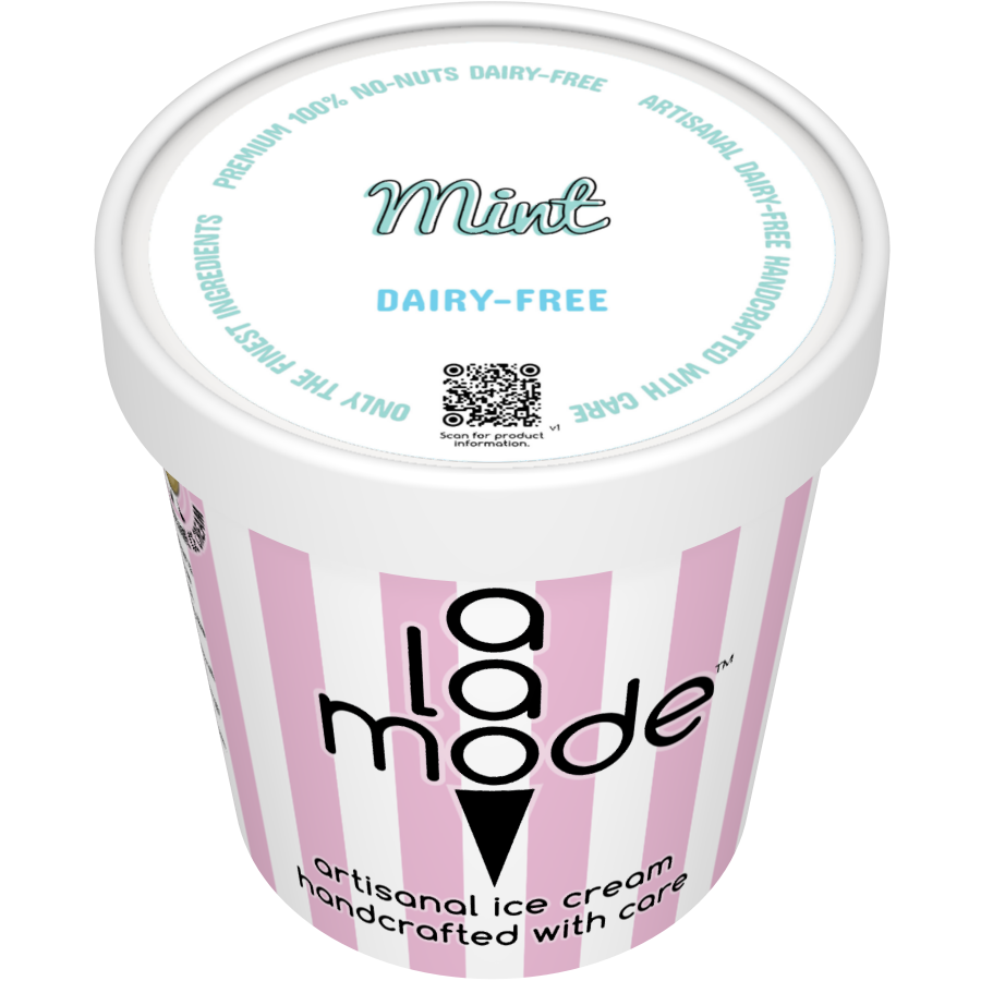 Image of an A La Mode dairy-free pint with vertical stripes. The flavor is Mint.