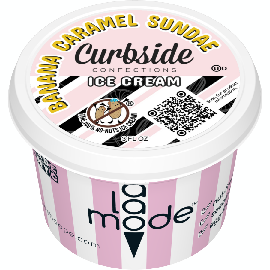 3 fl oz cup of A La Mode ice cream. Flavor is Curbside Confections Banana Caramel Sundae.
