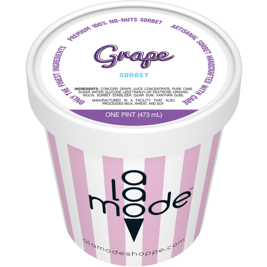 Image of an A La Mode sorbet pint with vertical stripes. The flavor is Grape.