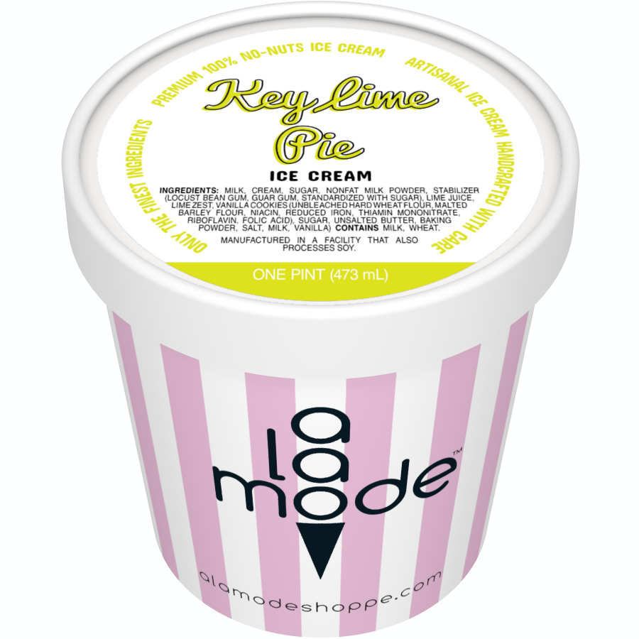 Image of an A La Mode ice cream pint with vertical stripes. The flavor is Key Lime Pie.