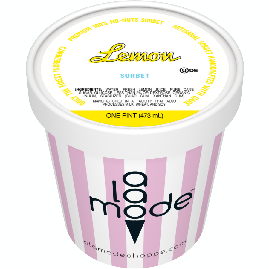 Image of an A La Mode sorbet pint with vertical stripes. The flavor is Lemon.