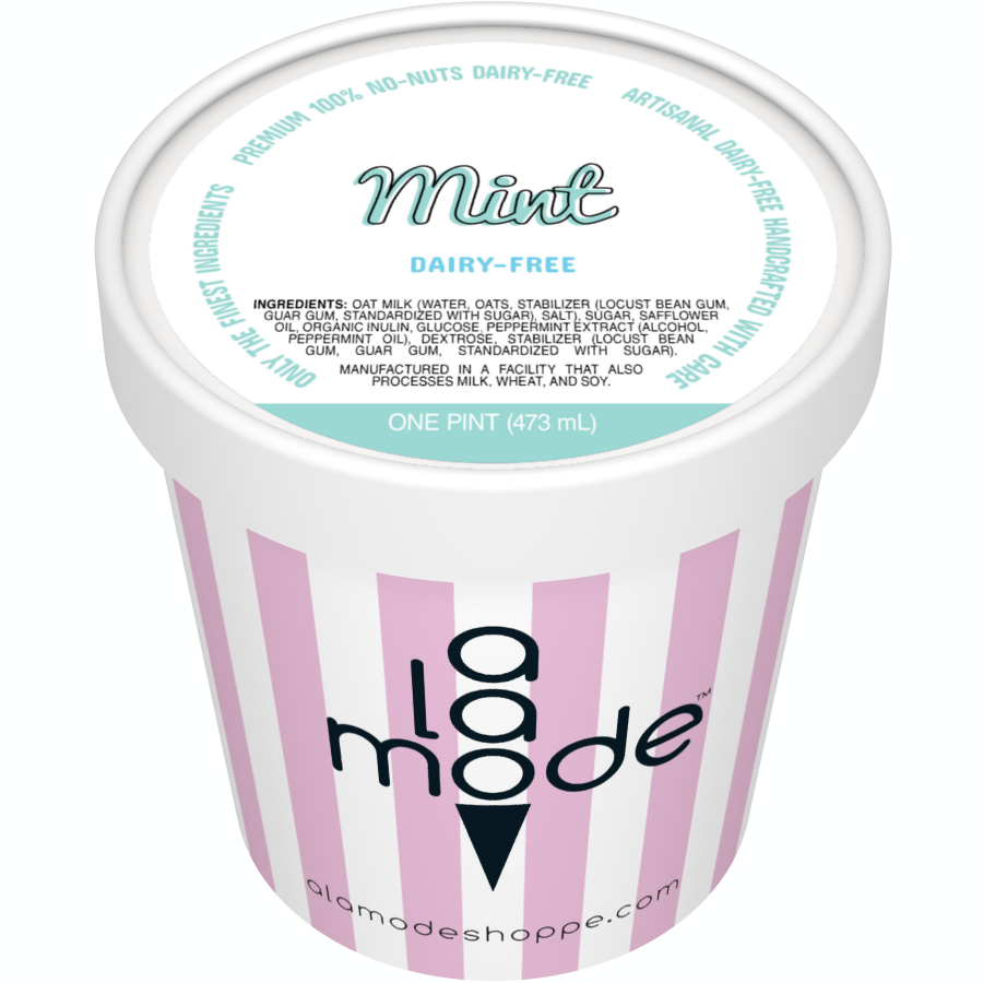 Image of an A La Mode dairy-free pint with vertical stripes. The flavor is Mint.