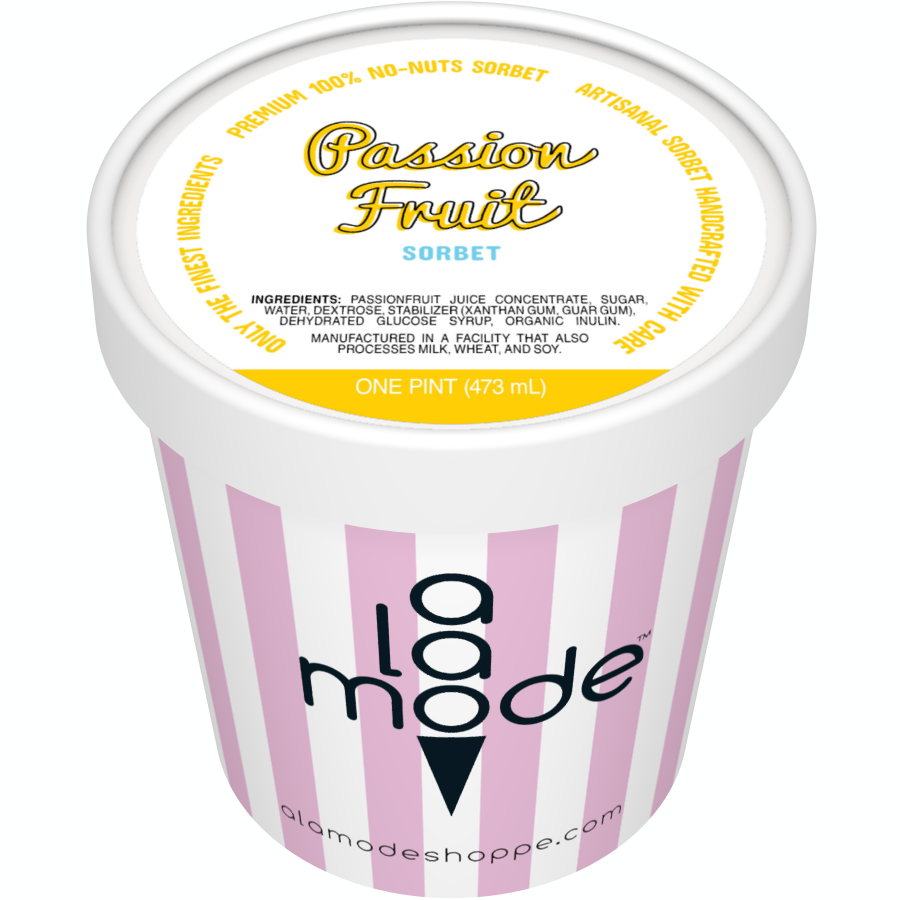 Image of an A La Mode sorbet pint with vertical stripes. The flavor is Passion Fruit.