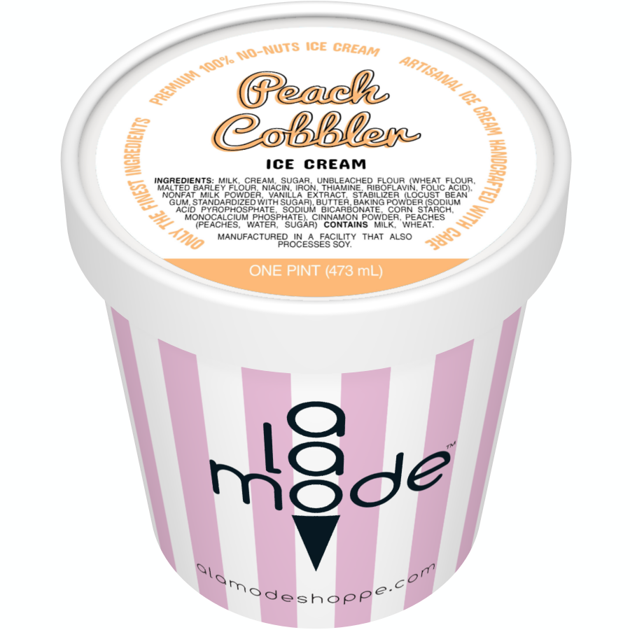 Image of an A La Mode ice cream pint with vertical stripes. The flavor is Peach Cobbler.