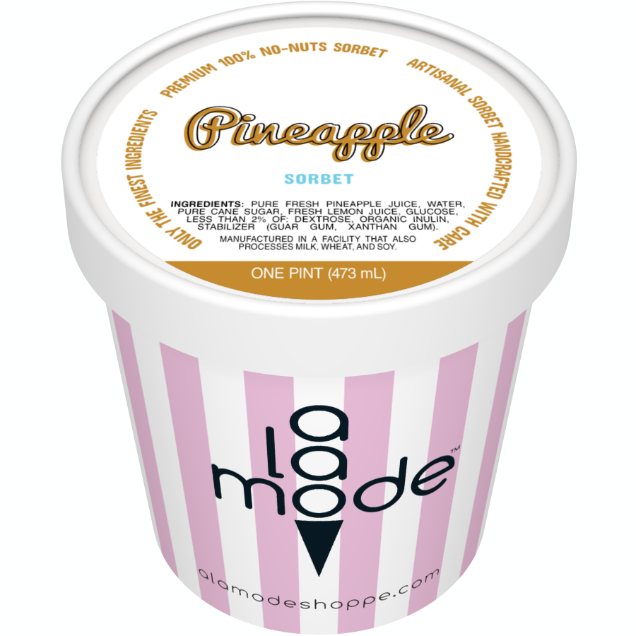 Image of an A La Mode sorbet pint with vertical stripes. The flavor is Pineapple.