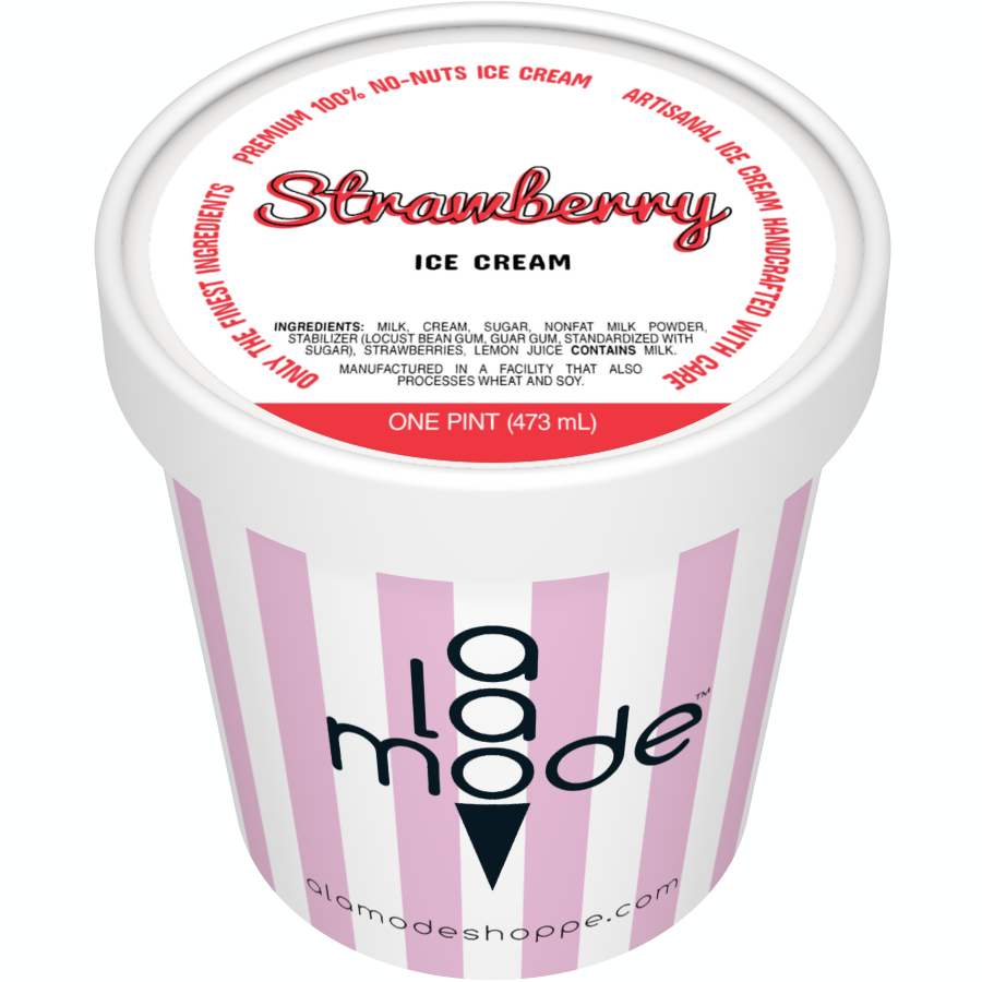 Image of an A La Mode ice cream pint with vertical stripes. The flavor is Strawberry.