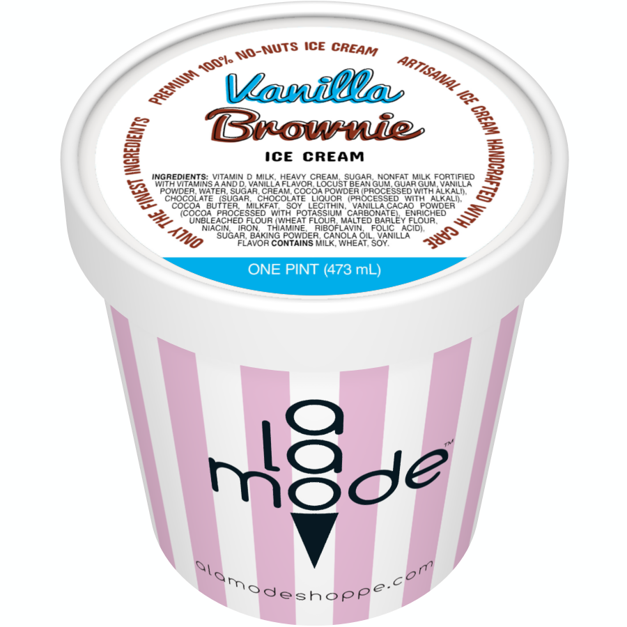 Image of an A La Mode ice cream pint with vertical stripes. The flavor is Vanilla Brownie.