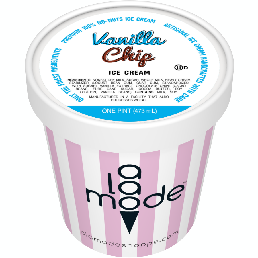 Image of an A La Mode ice cream pint with vertical stripes. The flavor is Vanilla Chip.