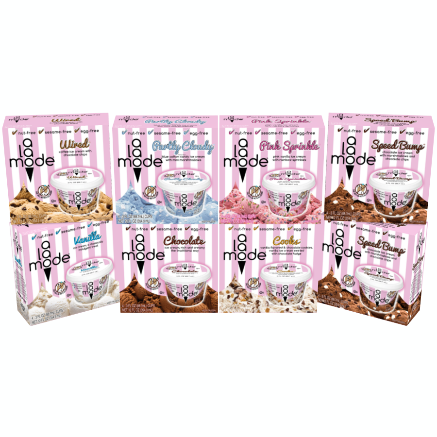 Image of Qty 8 of A La Mode ice cream 3 fl oz Cup 4pk Boxes. The flavors depicted are Wired®, Vanilla, Partly Cloudy®, Cooks®, Pink Sprinkle®, Chocolate, and Speed Bump.