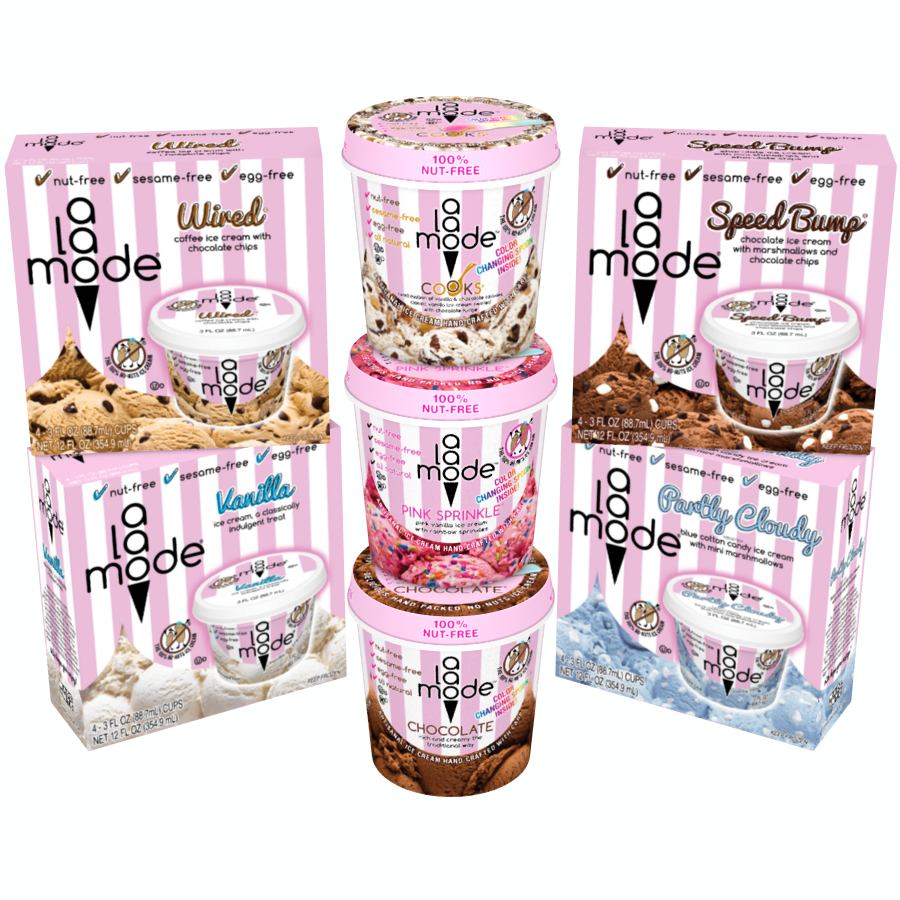 Image of Qty 4 of A La Mode ice cream 3 fl oz Cup 4pk Boxes and Qty 3 of Pints. The 3 fl oz Cup flavors depicted are Wired®, Vanilla, Speed Bump®, and Partly Cloudy®. The Pint flavors depicted are Cooks®, Pink Sprinkle®, and Chocolate.